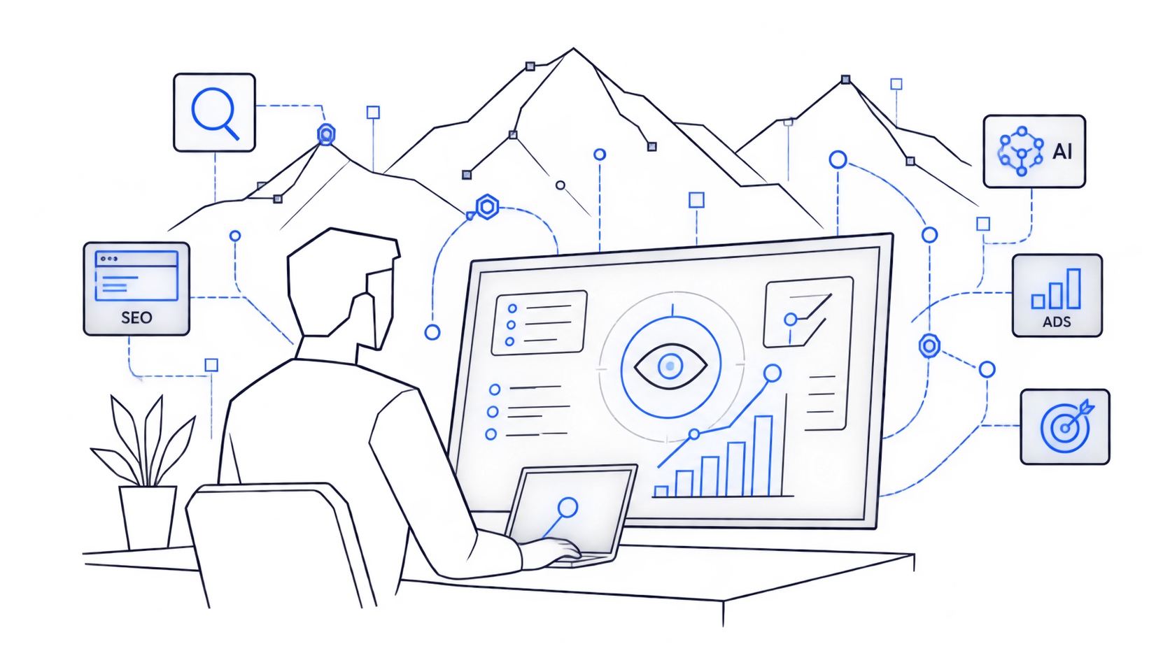 Illustration vernetzter digitaler Services rund um Sichtbarkeit und Analyse